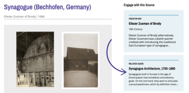 Two images of a synagogue in Germany. A card for a related guide entry appears on the right side, with a purple arrow pointing to it.