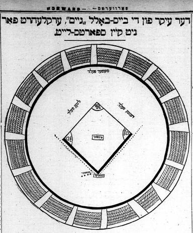 Print of circle with diamond inside, and Yiddish text across the top.