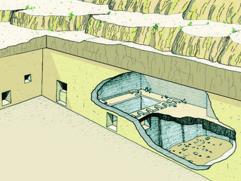 Drawing of reconstructed tomb cutout of a chamber built along hills.