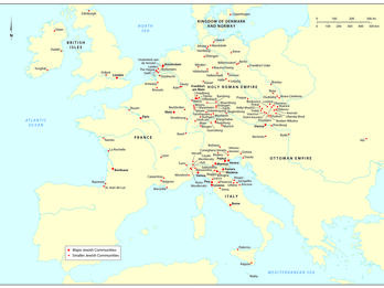 Sites of Jewish or New Christian Residence in Western Europe Map of Europe with cities labeled in English and noted by large or small red dots, with a legend explaining that small dots are for smaller Jewish communities and larger dots for major Jewish communities.