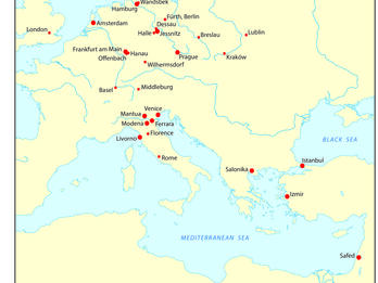 Map of central Europe with cities labeled and noted with red dot. 