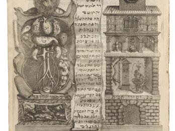 Engraving showing three main elements: on the left, a bearded man with his chest opened to reveal anatomical drawings of internal organs, including the heart and branching vessels; in the center, a vertical scroll filled with handwritten Hebrew text; and on the right, a cutaway view of a multi-story building with arched windows, a domed roof, and small figures inside.