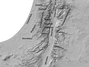 Relief map showing locations in the Middle East, labeled in English.