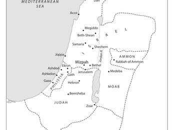 Map of Israel, Judah, and neighboring areas labeled in English. 