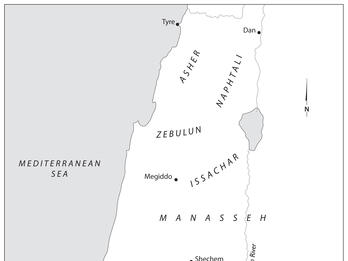 Map of twelve tribes of Israel with English name labels. 