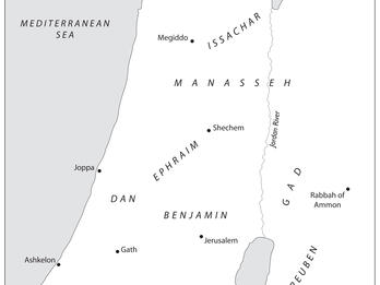 Map of twelve tribes of Israel with English name labels. 