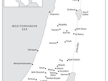 Map of Middle East with areas of interest marked with black dot and labeled in English; map of the Sinai peninsula with Kuntillet Ajrud denoted.  