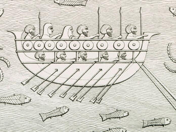 Relief of boat with several men in profile with spears inside, surrounded by water, fish, and octopuses. 