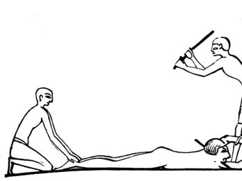 Drawing of man held down as another prepares to hit him with a stick.