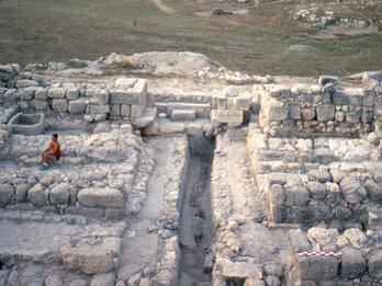 Aerial photograph of stone city ruins.