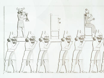 Cult statues in Assyrian relief Drawing of helmeted figures carrying statues.