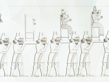 Drawing of helmeted figures carrying statues.