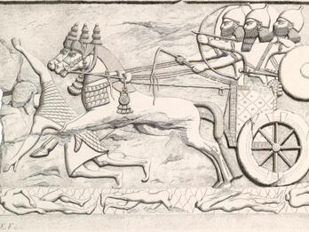 Chariots Trampling Enemies and Burning City in Assyrian Relief Drawing of relief of men in chariot trampling other figures.