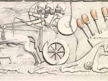Drawing of relief of men in chariot trampling other figures. 
