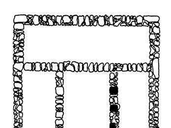 Line drawing of rectangular house plan with internal walls indicated.