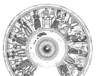 Drawing of interior of bowl with scene of seated woman and three female musicians playing a double pipe, lyre, and a frame drum or cymbals, and several women holding hands and dancing.
