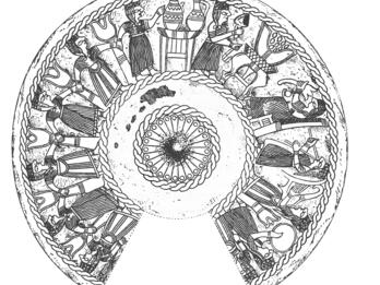 Drawing of interior of bowl with scene of seated woman and three female musicians playing a double pipe, lyre, and a frame drum or cymbals, and several women holding hands and dancing.