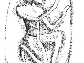 Drawing of kneeling figure with hands raised to shoulder height.