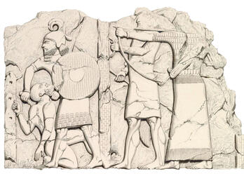 Assyrian Soldier Slaying a Captive Drawing of soldier holding shield and wearing helmet killing naked man with two archers standing to the side.