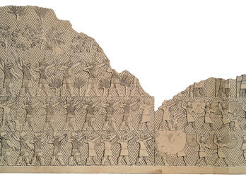 Relief of rows of archers and soldiers with shields and spears. 