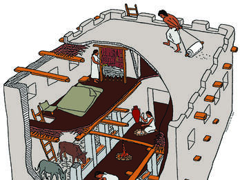 Pillared House Cut-away drawing of house interior with two stories consisting of an upper bedroom, and animal stalls and cooking areas on bottom floor.