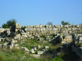 Photograph of stone wall against blue sky on grassy foreground.