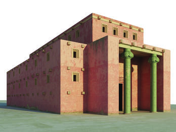 Digital illustration of three-story building with many evenly spaced windows and two columns in front.