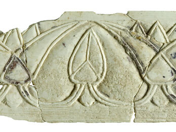 Ivory carving of a horizontal series of lotus flowers with alternating open and closed buds.