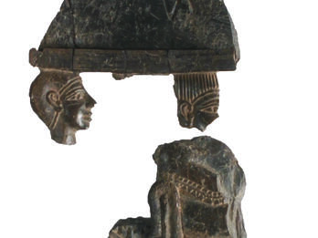 Ivory-openwork Inlay with an Enthroned Figure Ivory carving in two disconnected fragments, one with two heads and the other one with a body on a throne.