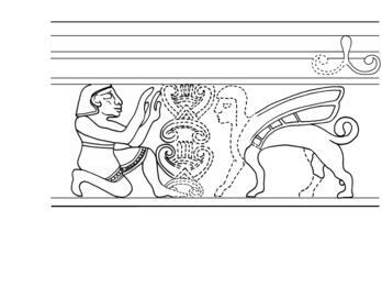 Ivory Box with Ritual Scene Drawing of figure crouched down next to central altar and winged sphinx, under set of parallel lines.
