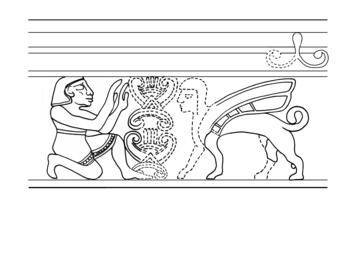 Drawing of figure crouched down next to central altar and winged sphinx, under set of parallel lines.