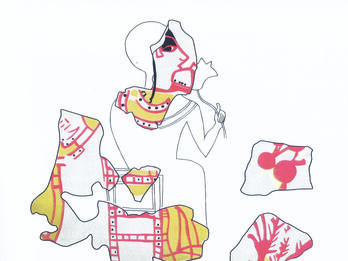 Drawing of fragmentary mural depicting seated figure wearing wide-collared garment with long sidelock visible in front of ear, with floral motifs on fragments next to figure.