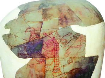 Partially reconstructed storage jar with painting of lion and two ibexes eating flora of a tree.