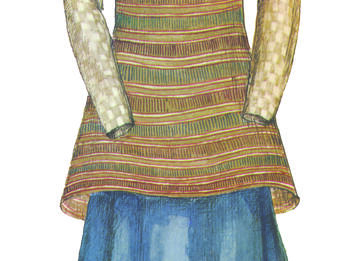 Drawing of outfit consisting of a linen embroidered apron with hem made of alternating pomegranates and bells, undershirt, and breastplate with twelve stones in center. 