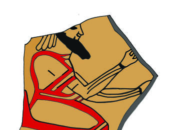 Seated Male Figure Drawing of pottery fragment with painting of seated and bearded male with neck-length hair wearing bracelets.