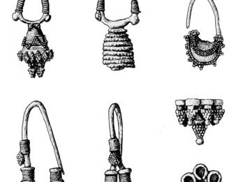 Drawing of seven different earrings. 