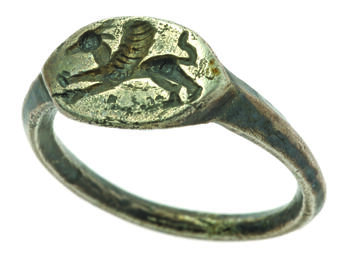 Silver signet ring with image of galloping griffin.