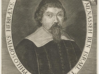 Portrait print of man in skullcap and beard with Latin text in oval frame, Latin text below, and small illustration of man with walking stick and Hebrew book above. 