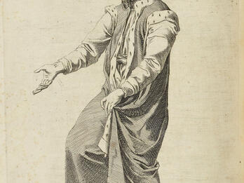 Jew in the Holy Land Drawing of man in hat stepping with one arm outstretched and the other grasping the hem of his robes with French heading.