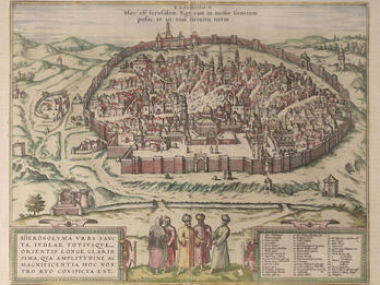 Print of walled city surrounded by hills, and two figures in forefront, with Latin text above and below image. 