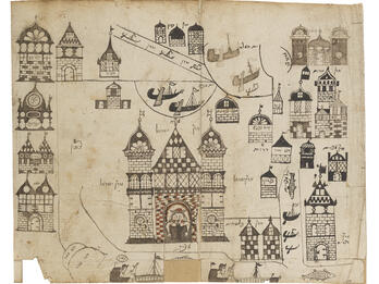 Map of the Land of Israel Manuscript page with drawings of buildings and boats spread across the page with Hebrew labels.