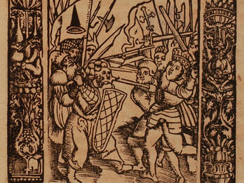 Woodcut print of two armies fighting with swords and shields.