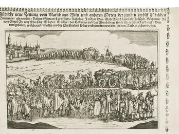 The 1670 Expulsion of the Jews from Vienna Print with German text on top and large illustration of procession of people leaving a city carrying bundles, with some horses and wagons.