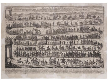 Print of long procession of people on horses and on foot carrying banners and trumpets, from one archway down and across the page to another archway, with German heading and text below. 