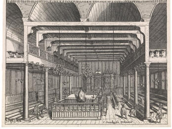 Print of building interior with central podium, columns, and second floor balcony.