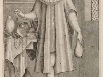 Jew of Lorraine Printed engraving of man wearing hat and collar and holding bag, standing next to table with jewelry and household objects, and French caption.