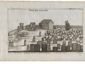 Printed engraving of cemetery enclosed by wall with several people walking through.