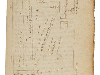 Map of the Land of Israel Manuscript page with Hebrew words in hand-drawn geometric shape with lines and small circles.