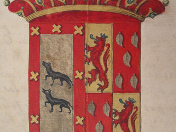 The Coat of Arms of Lopez and Suaço Drawing of coat of arms of two lions and ten leaves on the right and two dog-like animals on left.