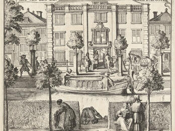 The Amsterdam Residence of Jeronimo Nunes da Costa (Mozes Curiël) Drawing of front view of a house on the far side of a canal, with people in front of the canal and alongside the house.